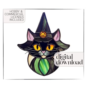 Cat Witch Stained Glass Pattern & PNG, halloween suncatcher pattern, cat stain glass pattern, halloween art digital pattern to download