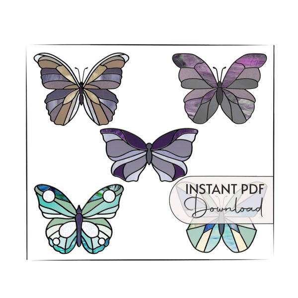 Butterfly Stained Glass Patterns, digital patterns to download, 5 suncatcher stain glass butterfly patterns for window hangings, value pack