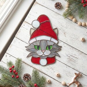 Santa Cat Stained Glass Pattern: Christmas Suncatcher Design (PDF & PNG) image 4