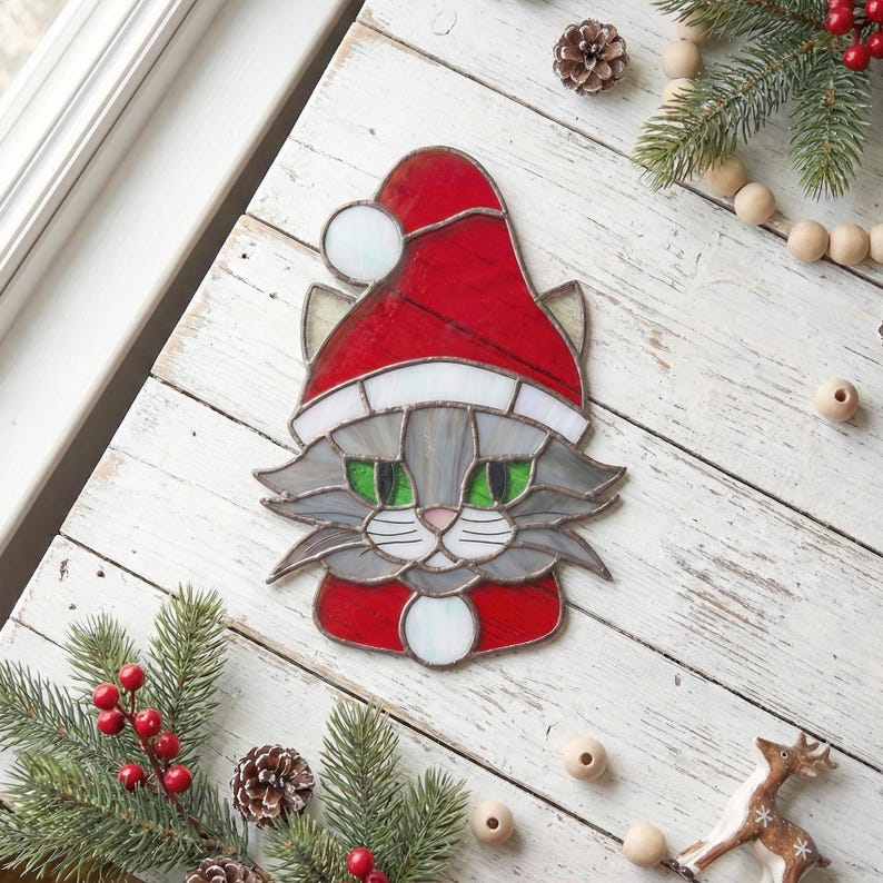 Santa Cat Stained Glass Pattern: Christmas Suncatcher Design (PDF & PNG) image 4