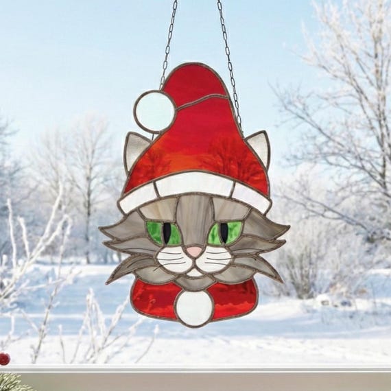 Santa Cat Stained Glass Pattern: Christmas Suncatcher Design (PDF & PNG)