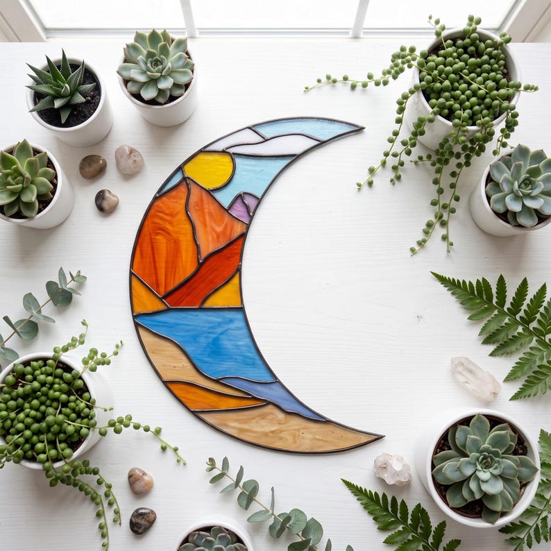 May include: A crescent moon-shaped stained glass panel featuring a landscape design with a yellow sun, orange mountains, blue water, and tan ground, constructed with dark metal solder lines separating the individual coloured glass segments.