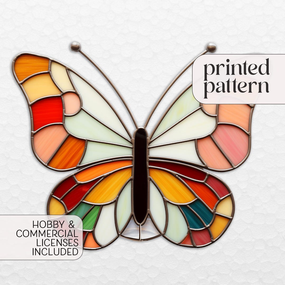 Groovy Butterfly Stained Glass Pattern, Printed Retro Stained Glass