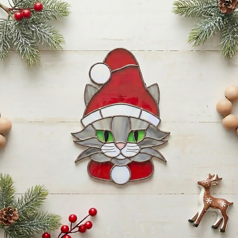 Santa Cat Stained Glass Pattern: Christmas Suncatcher Design (PDF & PNG) image 6