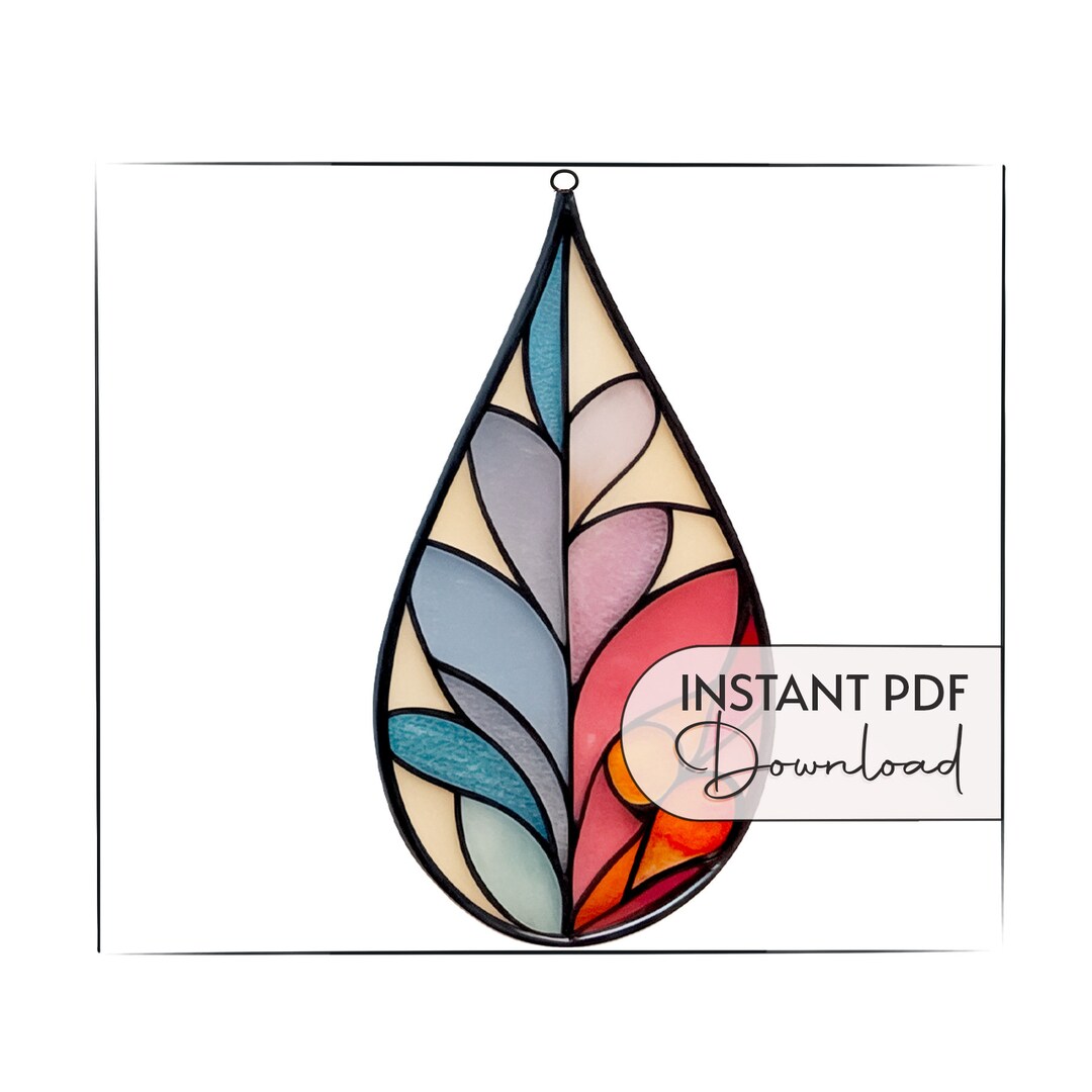 Modern Stained Glass Leaves Pattern, Plant Stained Glass Patterns, Raindrop Suncatcher Stain