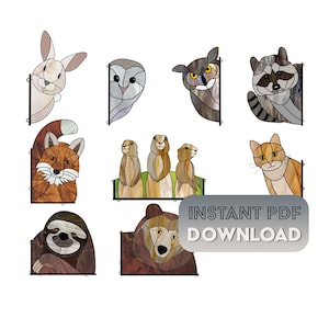 Vitrail hibou chat raton laveur ours lapin paresseux motifs, motifs numériques à télécharger, attrape-soleil animaux, 9 motifs de vitrail valeur