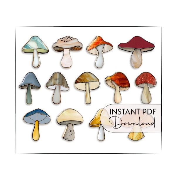 Stained Glass Mushroom Patterns, mushroom stained glass digital printable patterns, just like a whole lot of mushrooms in one value pack