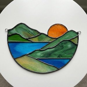Mountain Landscape Stained Glass Pattern: Modern Suncatcher Design (PDF & PNG)