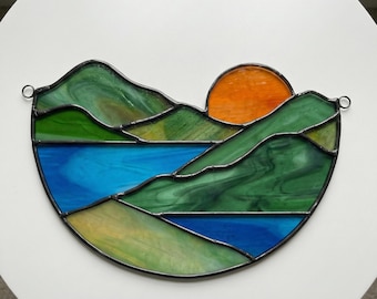 Mountain Landscape Stained Glass Pattern: Modern Suncatcher Design (PDF & PNG)