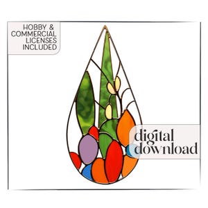 Modern Stained Glass Cactus Pattern & PNG, rain drop stained glass patterns, suncatcher pattern, teardrop shape stained glass pattern