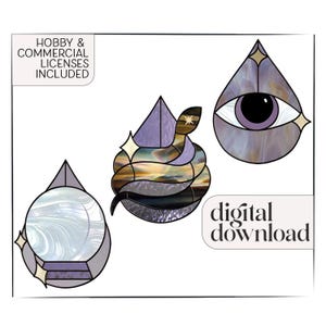 May include: Three stained glass designs in the shape of teardrops. The first design features a snake wrapped around a purple teardrop with a golden background. The second design features a purple teardrop with a large eye in the center. The third design features a white teardrop with a swirling pattern. The text "Hobby & Commercial Licenses Included" and "digital download" are also included in the image.