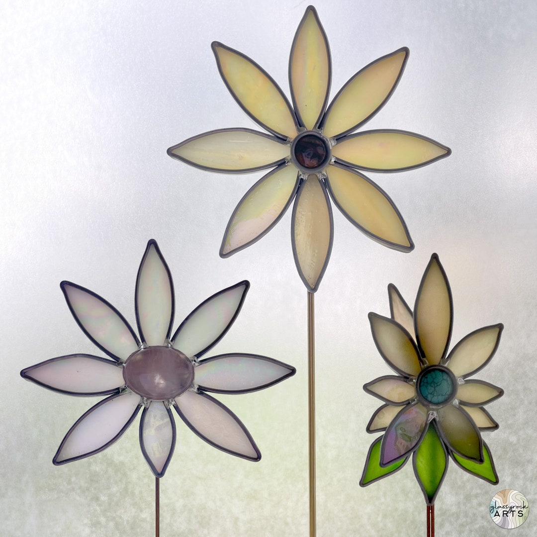 Handmade Stained Glass Flower Plant Stakes With Gemstones Etsy UK