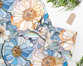 Stained Glass Flowers Wrapping Paper, Gorgeous Stain Glass Design, Bohemian Botanical Print Gifting, Floral Gift Wrap