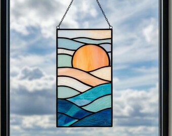 Sunset Stained Glass Pattern: Landscape Suncatcher (PNG, Printable PDF)