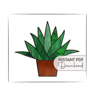 Beginner Stained Glass Plant Pattern, cactus stained glass digital pattern to download, agave succulent plant in a pot stain glass pattern