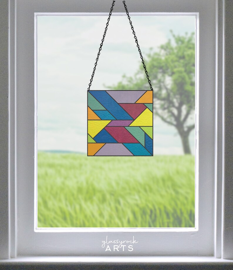 beginner square stained glass geometric pattern, modern stained glass, digital pattern download, stain glass suncatcher image 3