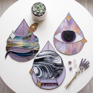Set van 3 glas-in-loodpatroon: mystieke slang, oog, kristallen bol (pdf en png)