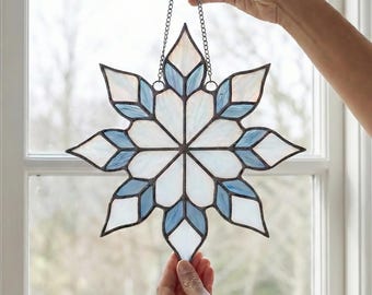 Snowflake Stained Glass Pattern: Modern Sun Catcher Template (PNG, SVG & PDF)