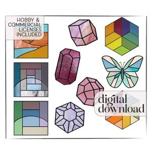 Stained Glass Starter Pack, 10 easy patterns for beginner modern stained glass - butterfly, landscape, gems, geometric patterns