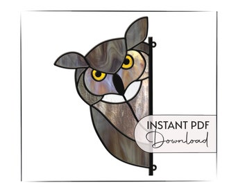 Stained Glass Owl Pattern, digital pattern to download, stained glass suncatcher, owl template, stain glass pattern for horned owl art