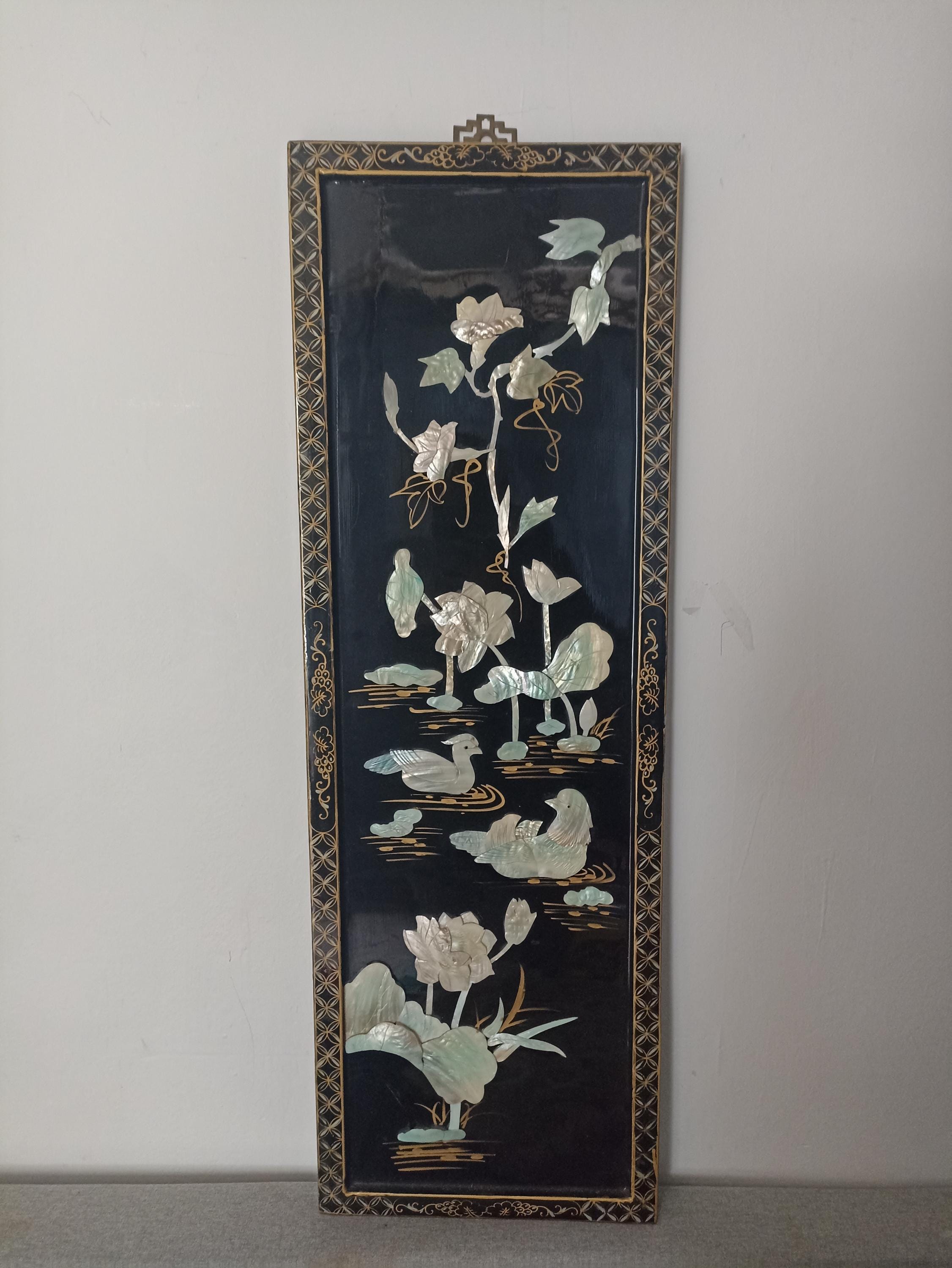Vintage Oriental Mother of Pearl Bird Art, Carved Shell Panel of