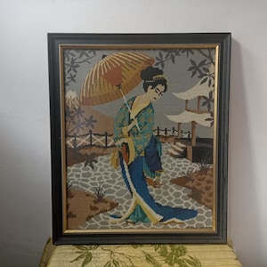 Vintage framed needlepoint tapestry Japanese geisha