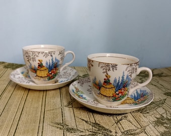 Vintage crinoline lady set 2 cups saucers
