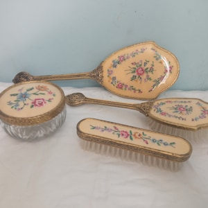 Vintage Petit Point Five Piece Dressing Table Set, Circa 1950s/ 60s