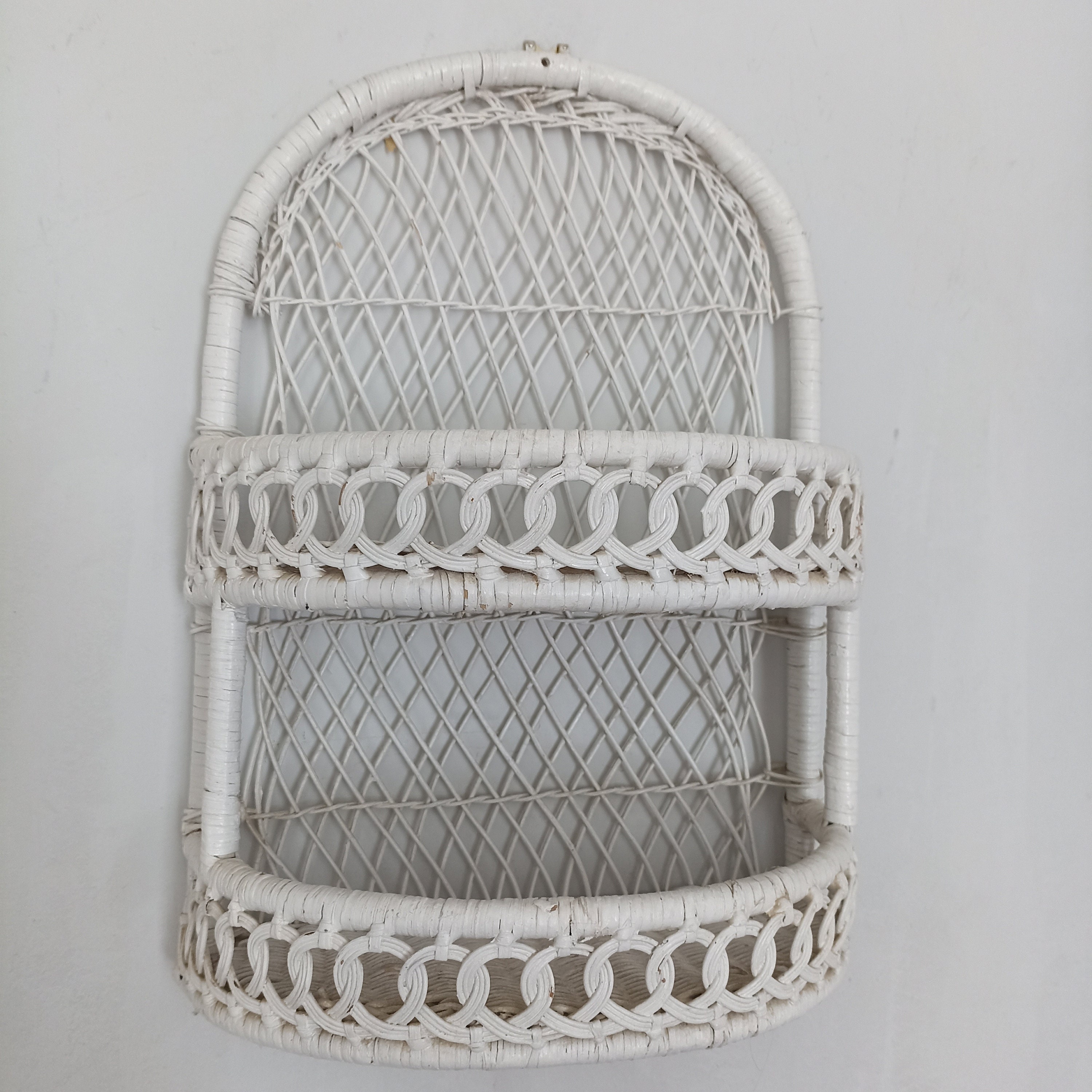 Vintage retro White Wicker Bamboo Rattan Wall Hanging Shelf Two Tier Boho
