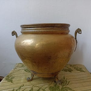 May include: An antique brass planter with a rounded body and decorative handles. The planter has a wide rim and sits on three small feet. The handles are shaped like stylized animal heads. The brass has a warm, aged patina.