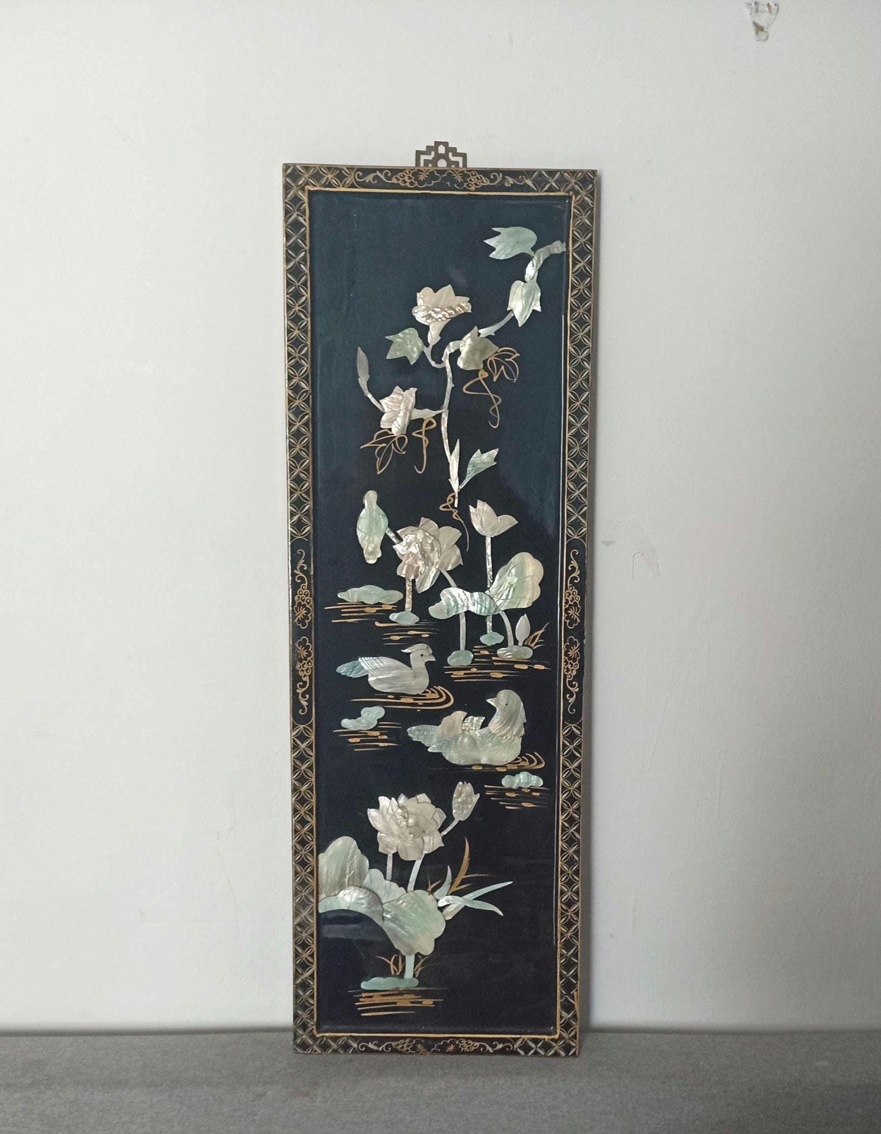 Vintage Oriental Mother of Pearl Bird Art, Carved Shell Panel of