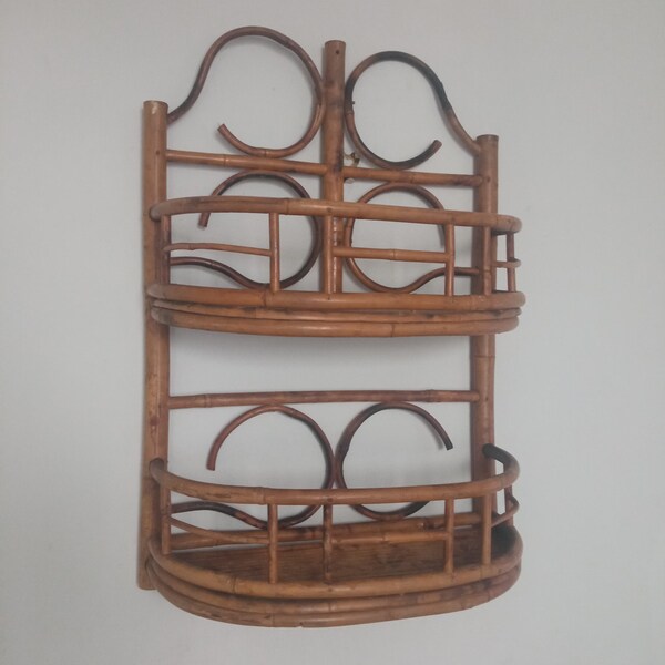 Vintage retro boho bamboo shelf wall unit