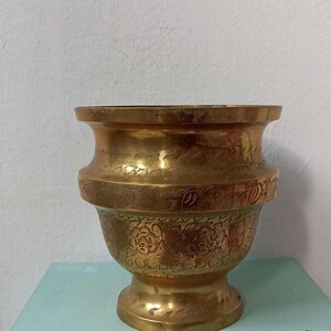 Vintage Asian Etched Floral Brass Planter plant pot jardiniere
