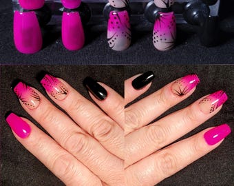 Felroze ombre en zwarte mehndi, handgeschilderde persnagels