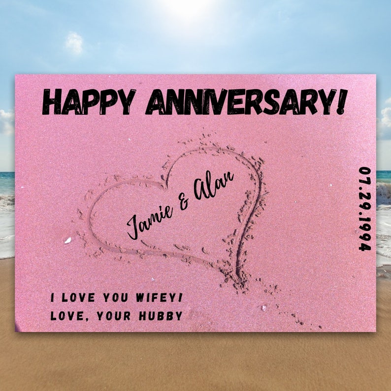 ROMANTIC ANNIVERSARY CARD, Pink Sandy Heart Beach Theme, Instant ...