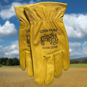 Farm Work Gloves Gift, Custom Leather Farming Themed Gloves With Tractor, Branded Outdoor Personalized Gloves, Engraved Work Safety Gloves