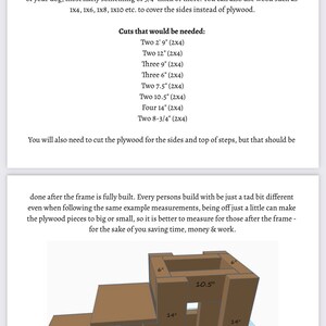 Puede incluir: Diagrama que muestra las medidas de una caseta para perros de madera. La caseta tiene 26,7 cm de alto, 35,6 cm de ancho y 30,5 cm de profundidad. El diagrama incluye las medidas de los lados, la parte superior y los escalones de la caseta.