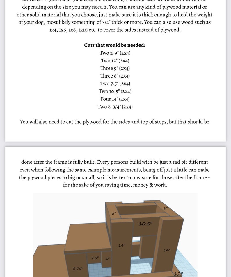 Puede incluir: Diagrama que muestra las medidas de una caseta para perros de madera. La caseta tiene 26,7 cm de alto, 35,6 cm de ancho y 30,5 cm de profundidad. El diagrama incluye las medidas de los lados, la parte superior y los escalones de la caseta.