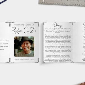 Modelo de obituário Programa funerário, panfleto funerário para impressão, livreto de cartão de obituário editável, em memória de seu ente querido, impressão funerária