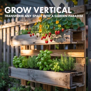 May include: A wooden vertical garden with three levels, filled with various plants. The top level features strawberries and yellow flowers, the middle level has basil, and the bottom level contains herbs. The text "GROW VERTICAL" and "TRANSFORM ANY SPACE INTO A GARDEN PARADISE" are displayed.