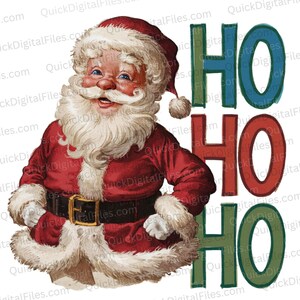 May include: A jolly Santa Claus with a white beard and red suit, smiling and holding his hands on his hips. The background features the word "HO HO HO" in colourful letters.