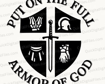 Ponte el emblema del escudo de la armadura completa de Dios / SVG, PNG, JPEG, PDF