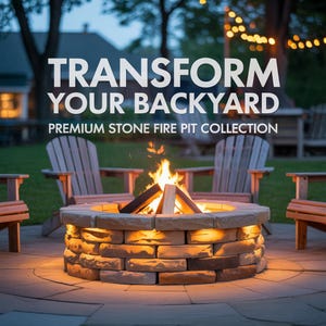 Könnte beinhalten: Ein Stein-Feuerstelle mit brennendem Feuer, umgeben von Holzstühlen. Der Text "TRANSFORM YOUR BACKYARD" und "PREMIUM STONE FIRE PIT COLLECTION" sind über der Feuerstelle zu sehen. Die Szene spielt sich im Freien in der Dämmerung mit Lichterketten ab.