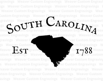 May include: Black and white silhouette of the state of South Carolina with the text "SOUTH CAROLINA" above the state and "EST 1788" below the state.