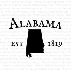 Siluetta dell&#39;Alabama con data stabilita SVG e PNG, file immagine dello stato dell&#39;Alabama, vettore grafico digitale domestico dell&#39;alabama, file di taglio png svg bama