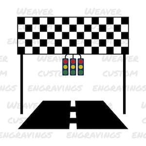 May include: A black and white chequered finish line with a set of traffic lights hanging from it. The lights are red, amber, and green. A black tarmac road leads up to the finish line.