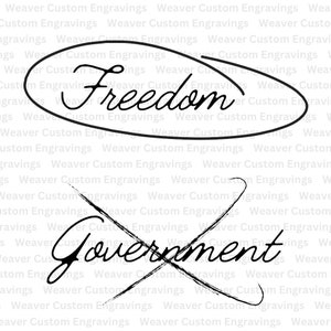May include: Black and white illustration of the words "Freedom" and "Government" crossed out. The word "Freedom" is in a circle.
