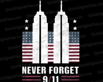 Op de afbeelding: Een zwart-wit grafisch ontwerp van de Twin Towers met de Amerikaanse vlag erachter. De tekst "NEVER FORGET 9/11" staat onder de torens.