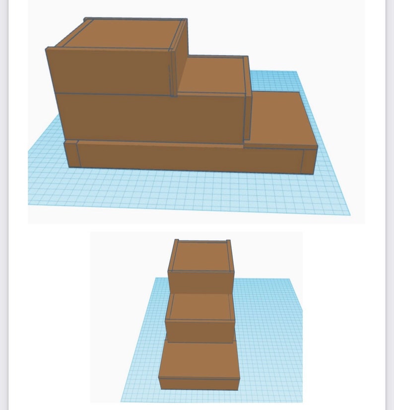 Puede incluir: Un expositor de madera de tres niveles con un acabado marr&oacute;n. El expositor est&aacute; hecho de tres piezas rectangulares de madera apiladas una encima de la otra, siendo la pieza superior la m&aacute;s peque&ntilde;a y la pieza inferior la m&aacute;s grande.