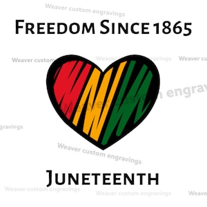 May include: A heart-shaped graphic with red, yellow, and green stripes, with the words "FREEDOM SINCE 1865" and "JUNETEENTH" in black text on a white background. The design is a celebration of freedom.